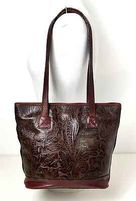 Vintage Ellington Etched Brown Genuine Leather 2 Strap Tote Handbag Shoulder Bag • $67