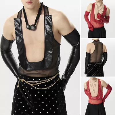 Sexy Men Sleeveless Syntheti Leather Mesh Sheer Tank Tops Vest Shirt With Gloves • $18.99