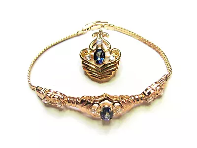 VINTAGE SIGNED LIND 14K Gold Electroplate Blue Spinel White RS Bracelet & Pin • $6.95