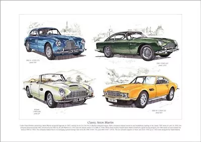 CLASSIC ASTON MARTIN - FINE ART PRINT - DB2/4 DB5 Volante & DBS V8 Illustrated • $6.15