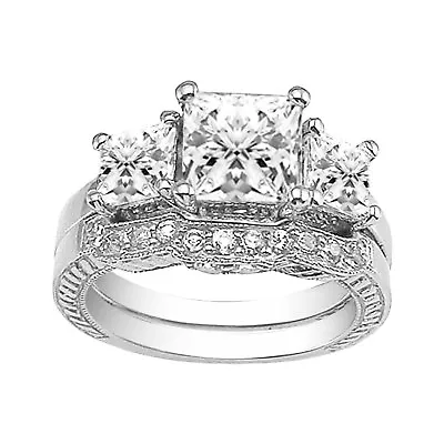 4 Ct Sterling Simulated Princess Cut 3 Stone Wedding Engagement Ring Set • $79.99