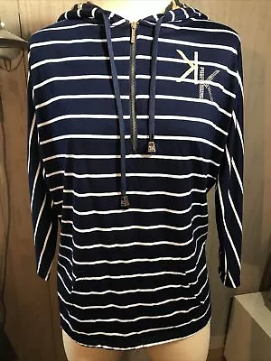 Kardashian Collection Navy Blue Striped Hoodie 3/4 Sleeve Size L Cheetah Detail • $7.99