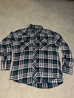 Wrangler Western Flannel Shirt Green Red Plaid Pearl Snap Long Sleeve Men Large • $16.99