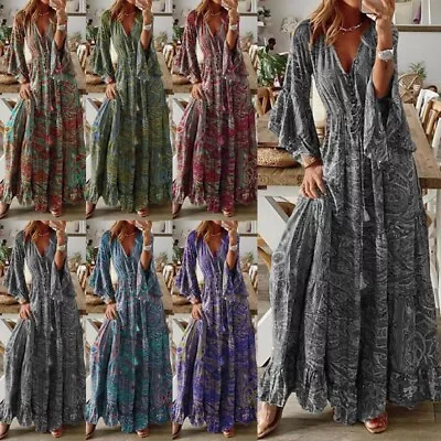 Women Maxi Dresses Floral Print Long Dress Ladies Kaftan Flare Sleeve Party • $47.43