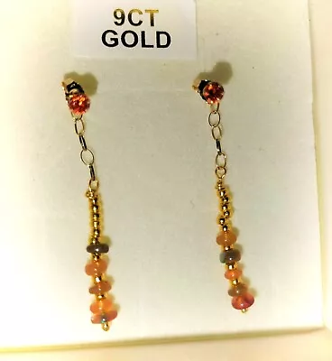 9ct Gold Sapphire & Certified Genuine Opal Stud Chain Drop Earrings + GIFTBOX  • £49