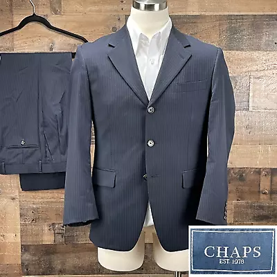 Chaps 2 Piece Suit Wool Navy Blue Pinstripe 3 Button Jacket Coat 38S Pants 32x29 • $109.95