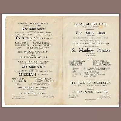 1944 Royal Albert Hall Programme  Bach Choir Jacques Orchestra Air Raid Warning • £10.50