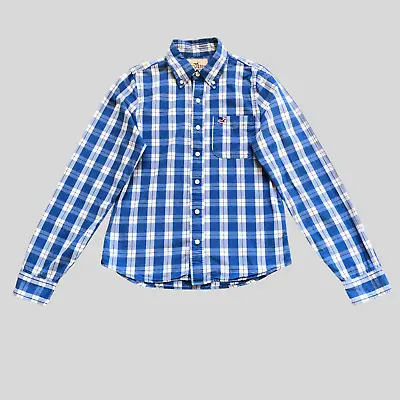 Hollister Plaid Shirt Men Medium Cotton Blue White Check Button Up Surf Casual • £9.79