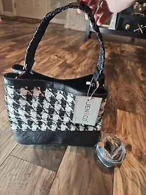 Jen & Co. Houndstooth Black & White Fabric Shoulder Strap Handbag Purse • $38