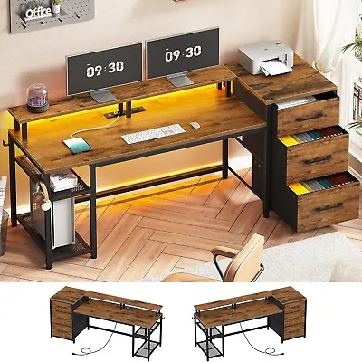 59  Office Desk With Drawers Reversible Computer Desk Gaming Desk With LED Light • $149.89