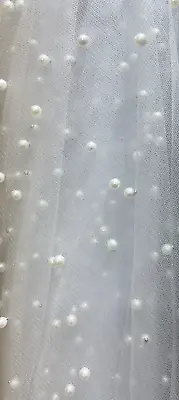 White Pearls Tulle Beads 52  Wide Bridal Veil Tulle Fabric • $23.95