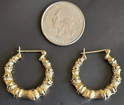 14K Yellow Gold Pierced Vintage Earrings 3.3 Grams Bamboo Pattern  • $189