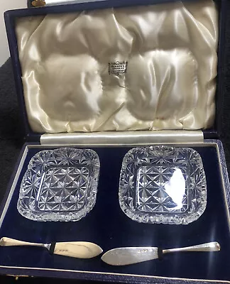 £89.95 • Buy Vintage Harrod's Cut Glass Butter Dish With Silver Butter Knives Set