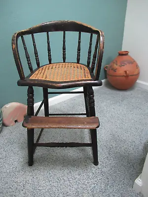 Antique Child's Painted Black High Chair With Cane Seat Great Patina • $145