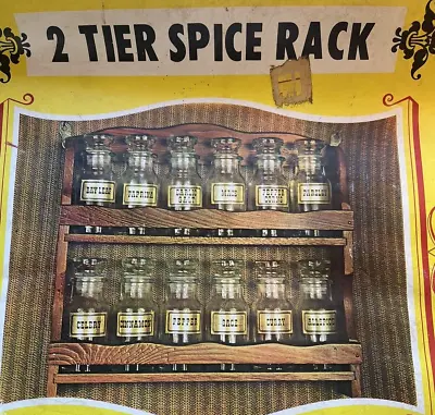 Vintage 2 Tier Wood Spice Rack NOS W/ Jars & Labels 12 Apothecary Glass Jars • $41.99