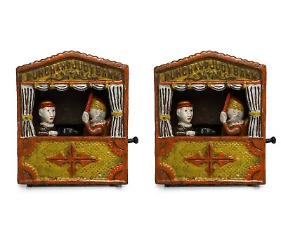 ANTIQUE / VINTAGE STYLE CAST IRON MECHANICAL PUNCH AND JUDY MONEY BOX BANK 2 Pc • $150