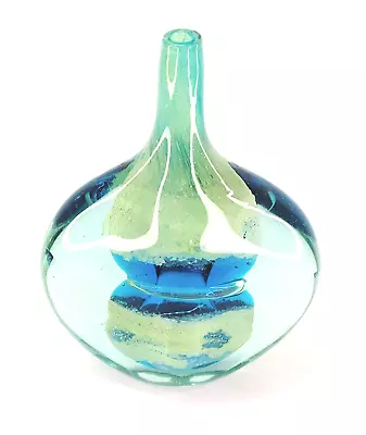 7.5  Signed Mdina Lollipop Fish Art Glass Bud Vase Ice Faceted Cut Blue Gold   • $207