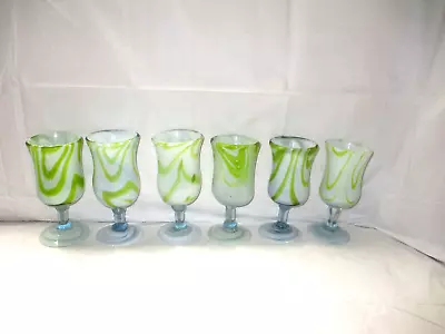 6 Carlo Moretti Italy Green & Blue Cased Glasses MCM Murano Art Glass Goblets • $95