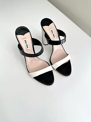 MIU MIU Patent Leather Double Strap Block Heel Mules In Black/White Size 38.5 • $285