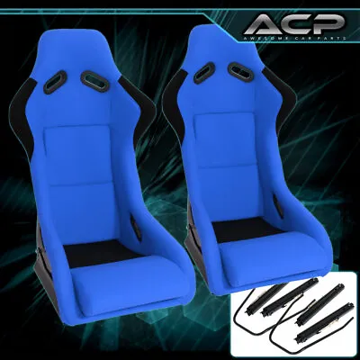 Universal SPG Style Blue Cloth Non-Reclinable Bucket Seats Chairs Pair + Sliders • $305.99