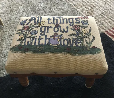 Vintage Antique Embroidered Needlepoint Foot Stool “All Things Grow With Love” • $65.88