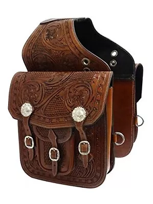 Showman Tooled Leather Saddle Bag W/ Engraved Silver Conchos & Buckles • $107.99