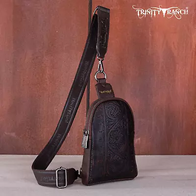 Trinity Ranch By Montana West Floral Tooled Collection Sling Bag Coffee • $44.99