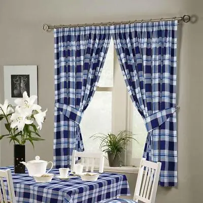 £11.95 • Buy Blue Check Chelsea Pencil Pleat Kitchen Curtains Tape Top Curtain Pair