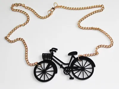 Vintage Bicycle Laser Cut Acrylic Necklace - Gold Chain - Quirky Retro • $6.21