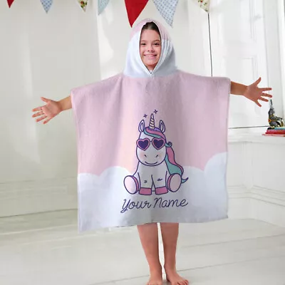 Kids Personalised Hooded Towel Poncho Unicorn Childrens Bathrobe Swim Bath Sun • £19.99