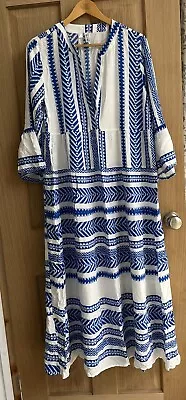 Kaftan Maxi Dress Long Size 18 Blue White Aztec Beach Pool Throw On Cover Up • £20