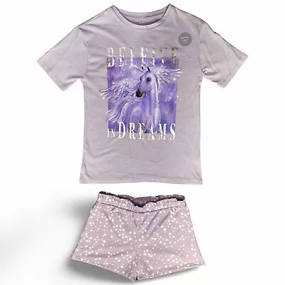 Girls 100% Cotton Unicorn Beleive In Dreams Short Pyjamas PJ Set Nightwear 5-16Y • £8.99