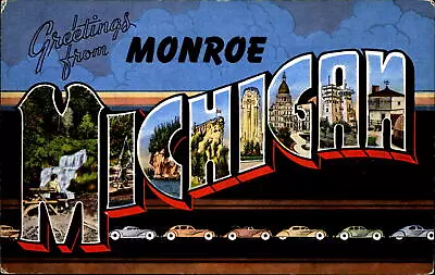Greetings From Monroe Michigan ~ Large Letter Linen Postcard ~ 1940s • $4.87