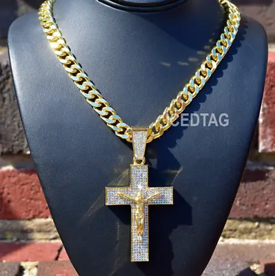 Hip Hop Iced Bling-ed Out Large Holy Jesus Cross Pendant 30  Cuban Link Chain • $25.99