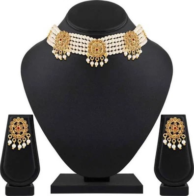 $12.39 • Buy Pearl Choker Indian Gold Plated Bollywood Bridal Necklace Jewelry Set Earrings