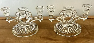 Jeanette Triple Candle Holder Clear Glass Cosmos Crystal Set Of 2 Vintage • $19