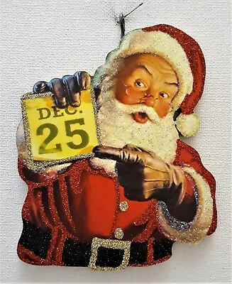 CLASSIC SANTA CLAUS W DEC 25 REMINDER PAGE * Glitter CHRISTMAS ORNAMENT  Vtg Img • $10.50