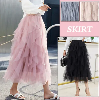 £10.99 • Buy Women Ladies Elastic High Waist Ruffle Mesh Tulle Tutu Skirt Pleated Long Dress