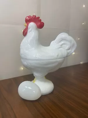 Westmoreland Rooster On Nest White Milk Glass Covered Animal Dish W Glass Egg • $50