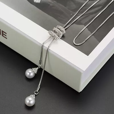 925 Sterling Sliver Twirl Long Sweater Chain Necklaces Charm Bar Pendants • £4.59