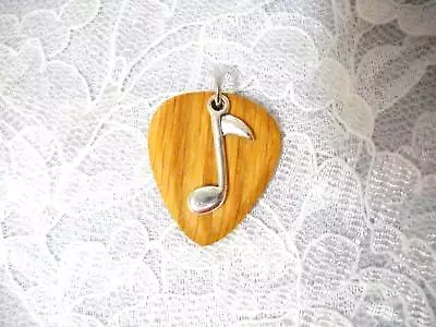 NEW RED OAK - HAND MADE WOOD GUITAR PICK W MUSIC NOTE CHARM PENDANT NECKLACE • $16.99