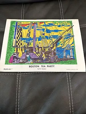 Vintage Doodle Art Coloring Poster Boston Tea Party Colored 1974 RARE 15x11 • $36.44