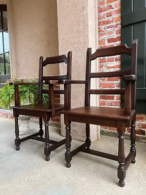 PAIR SET 2 Antique French Arm Dining Chair Ladder Back Carved Dark Oak • $1450