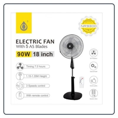 £57.99 • Buy 90W 18'' Pedestal Stand Fan Adjustable With 5 Blades & Remote Controller NR9300