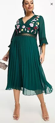 ASOS Design Curve Lace Insert Pleated Midi Dress Floral Embroidered Green 22 NWT • $39.95