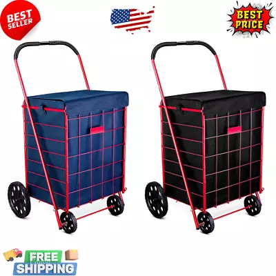 $14.99 • Buy  Folding Grocery Basket Cart LINEN Shopping Wheels Large Metal Laundry New 