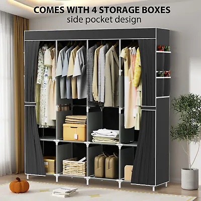 Large Fabric Canvas Wardrobe W/Hanging Rail Shelving Clothes Storage Cupboard UK • £28.99