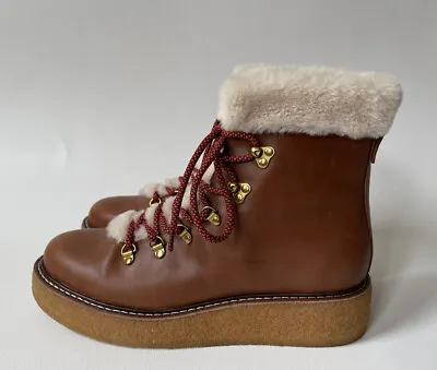 J Crew Women’s Brown Leather Faux Fur Nordic Winter Boots Crepe Soles Sz 9 -B06 • $59.99