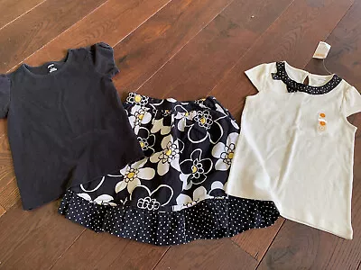 Gymboree 7 8 Nwt Ribbon Top Black Shirt Floral Polka Dot Bee Skirt Set Lot • $19.99