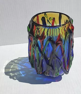 Viz Glass Hand Blown Art Glass Vase Drizzle Multicolor Mouth Blown • $99.95